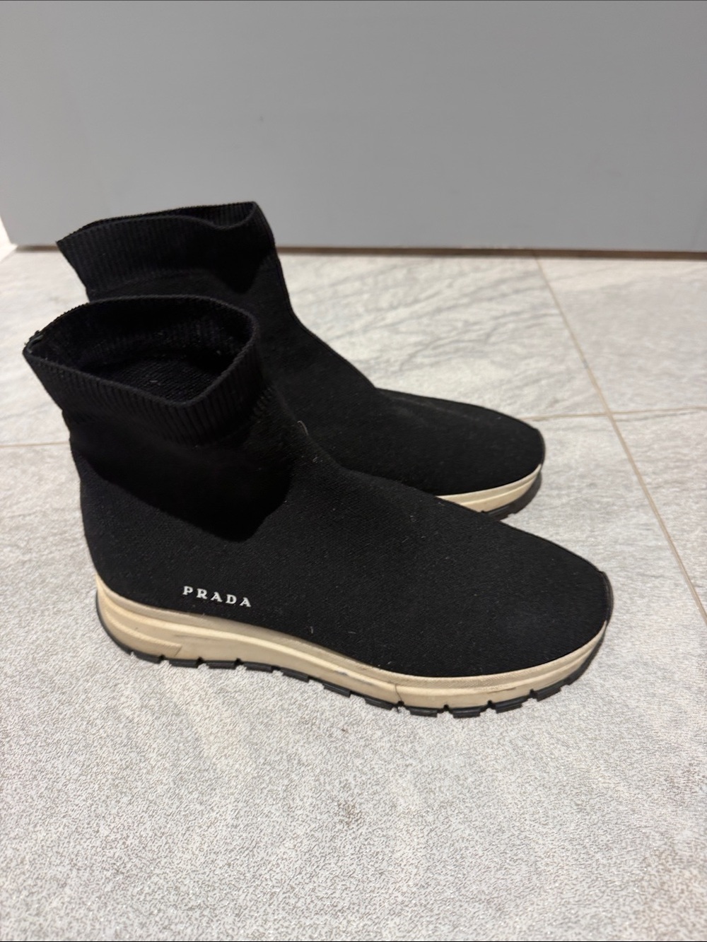 Prada Black Knit Sock Sneakers with Beige Sole - Picture 3 of 4